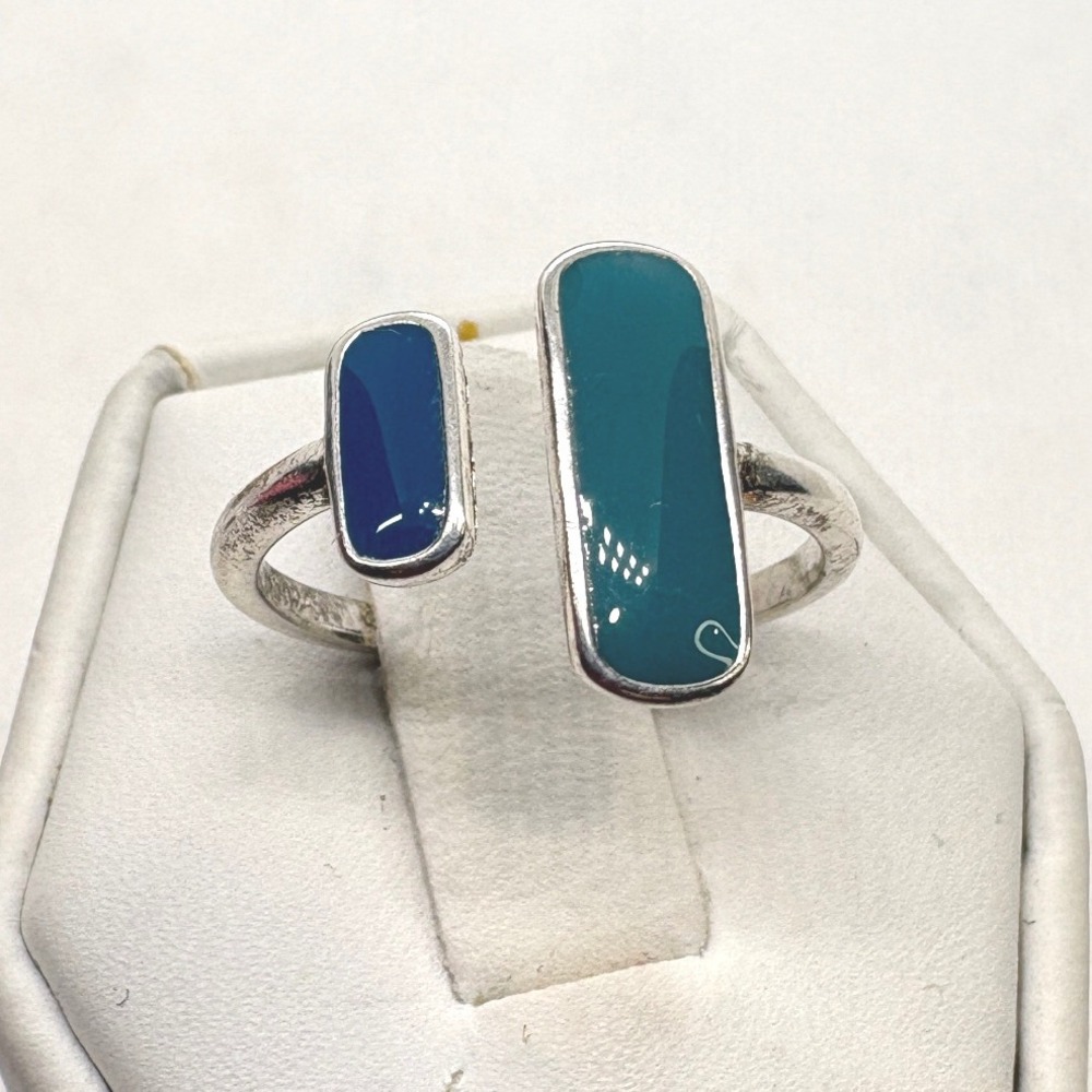 Sterling Silver 925 Enamel Bypass Ring Blue Teal Geometric Modern Size 6.5